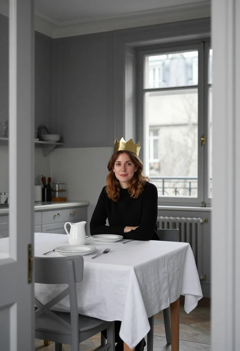 AI epiphany galette gold crown sample — portrait of a woman, framed wide from the kitchen door, the