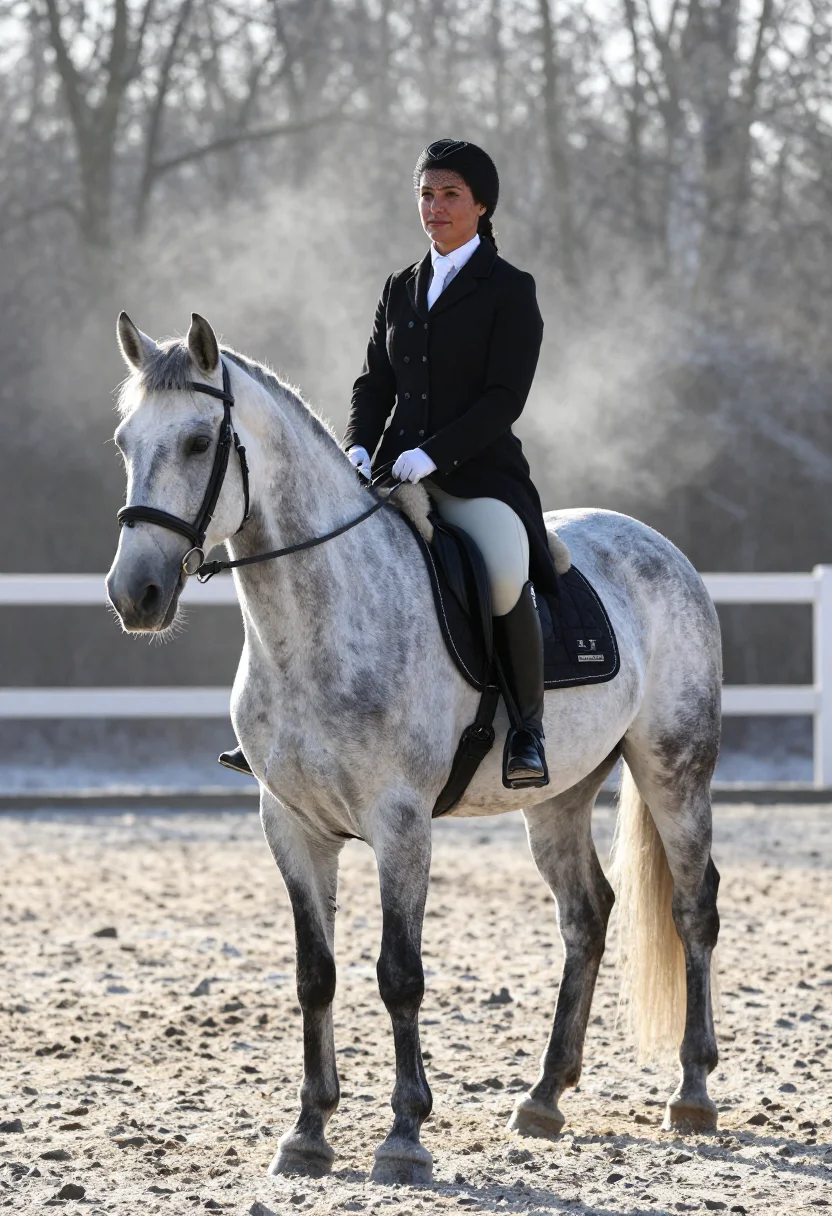 AI equestrienne sample — portrait of a woman, full-length side-on mounted portrait of