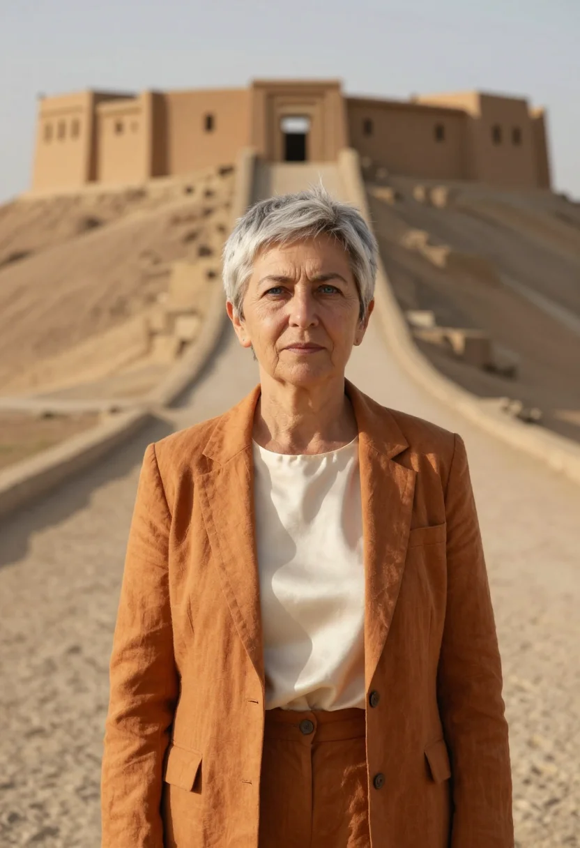 AI erbil citadel archaeologist ochre mud sample — portrait of a woman, an archaeologist in her sixties with fa