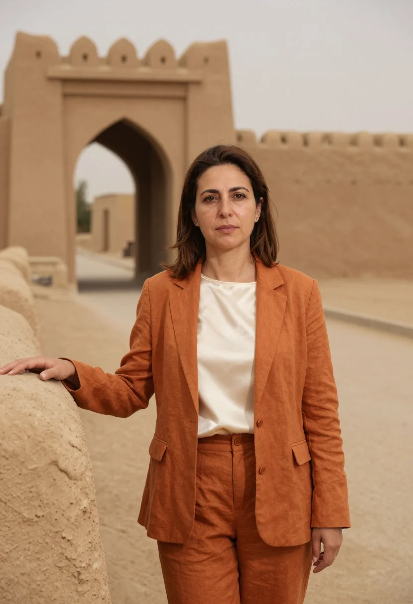 AI erbil citadel archaeologist ochre mud sample — portrait of a woman, an archaeologist in her late forties wi