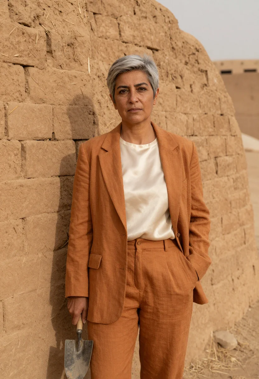 AI erbil citadel archaeologist ochre mud sample — portrait of a woman, an archaeologist in her fifties with ta