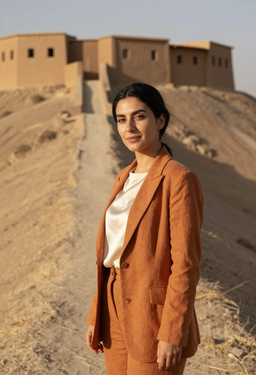 AI erbil citadel archaeologist ochre mud sample — portrait of a woman, an archaeologist in her early forties w