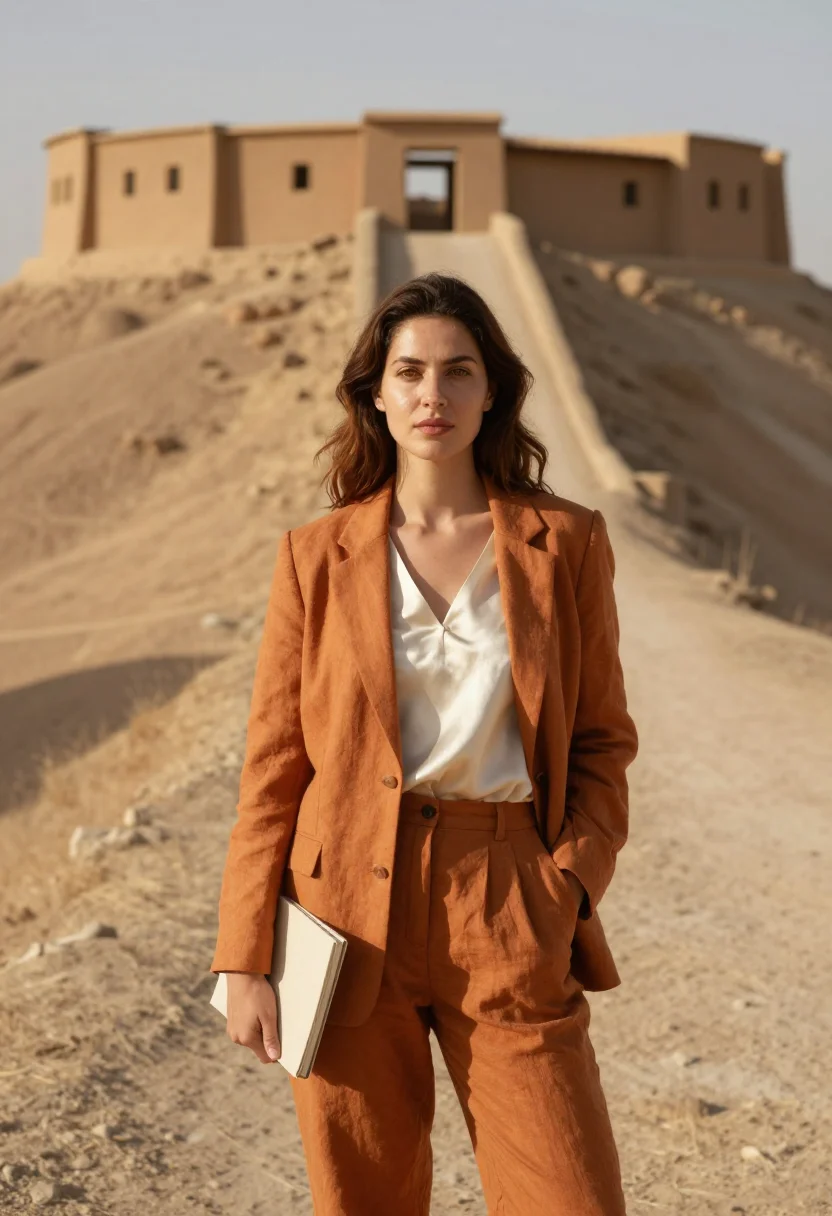 AI erbil citadel archaeologist ochre mud sample — portrait of a woman, an archaeologist in her mid-thirties wi