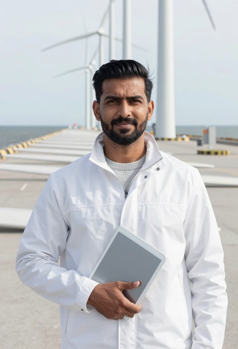 AI esbjerg offshore wind engineer white sample — portrait of a man, a wind engineer in his forties of Indian