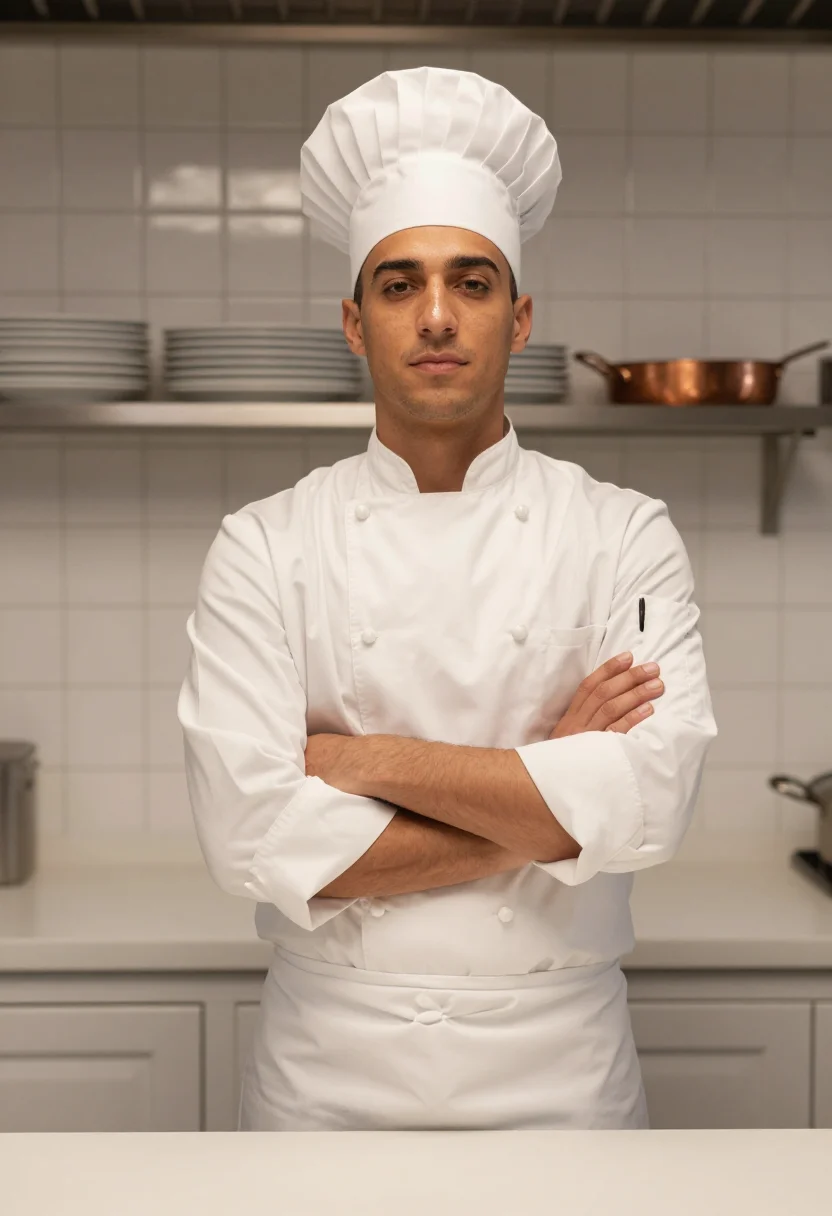 AI escoffier whites sample — portrait of a man, chest-up portrait of a man in his thirtie