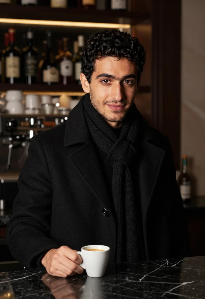AI espresso bar black sample — portrait of a man, chest-up portrait of a Sicilian man in hi