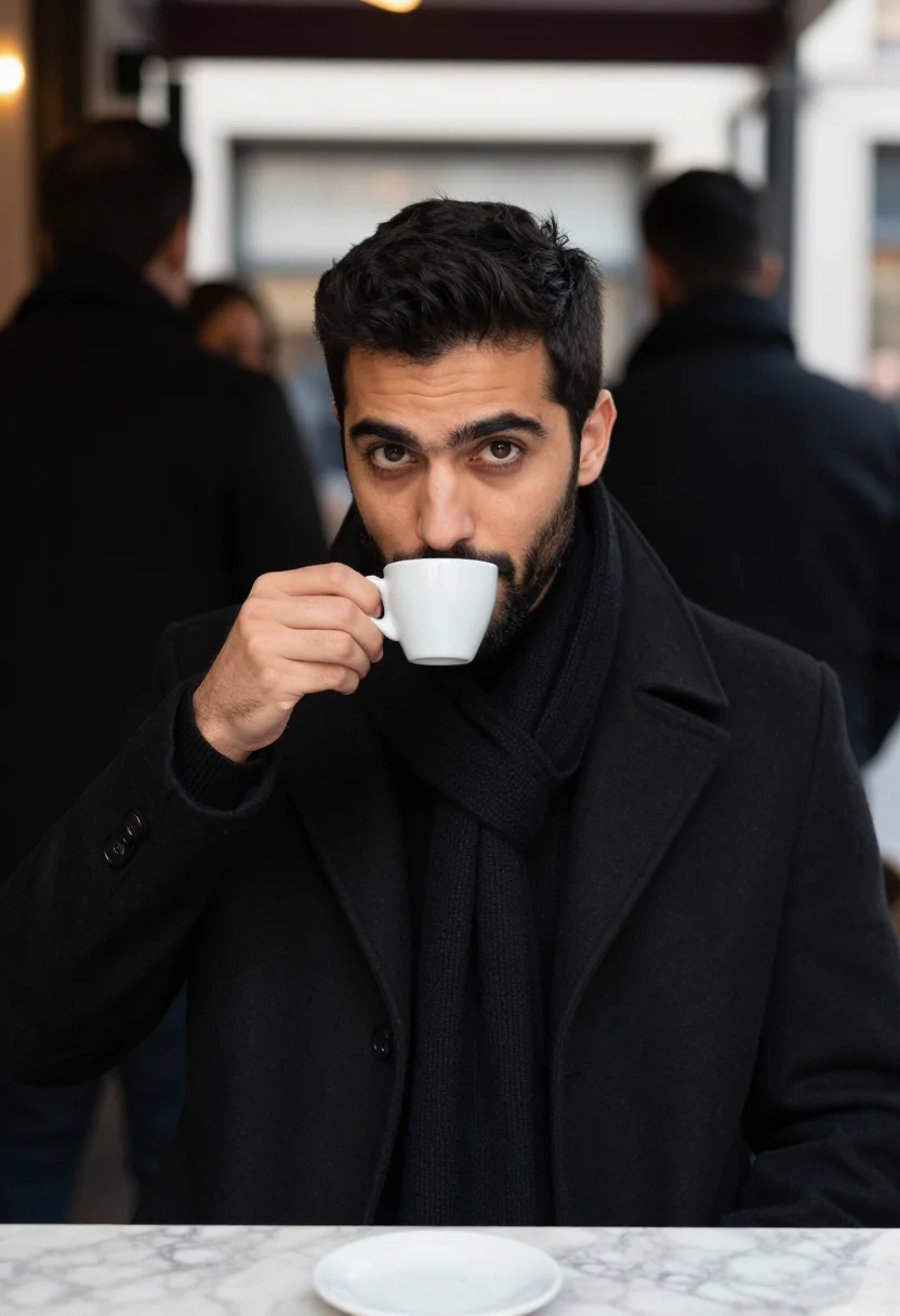 AI espresso bar black sample — portrait of a man, chest-up portrait of a Neapolitan man in