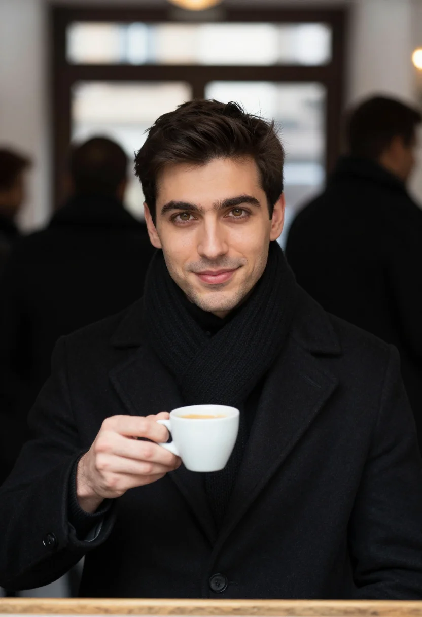 AI espresso bar black sample — portrait of a man, head-and-shoulders portrait of a Turinese