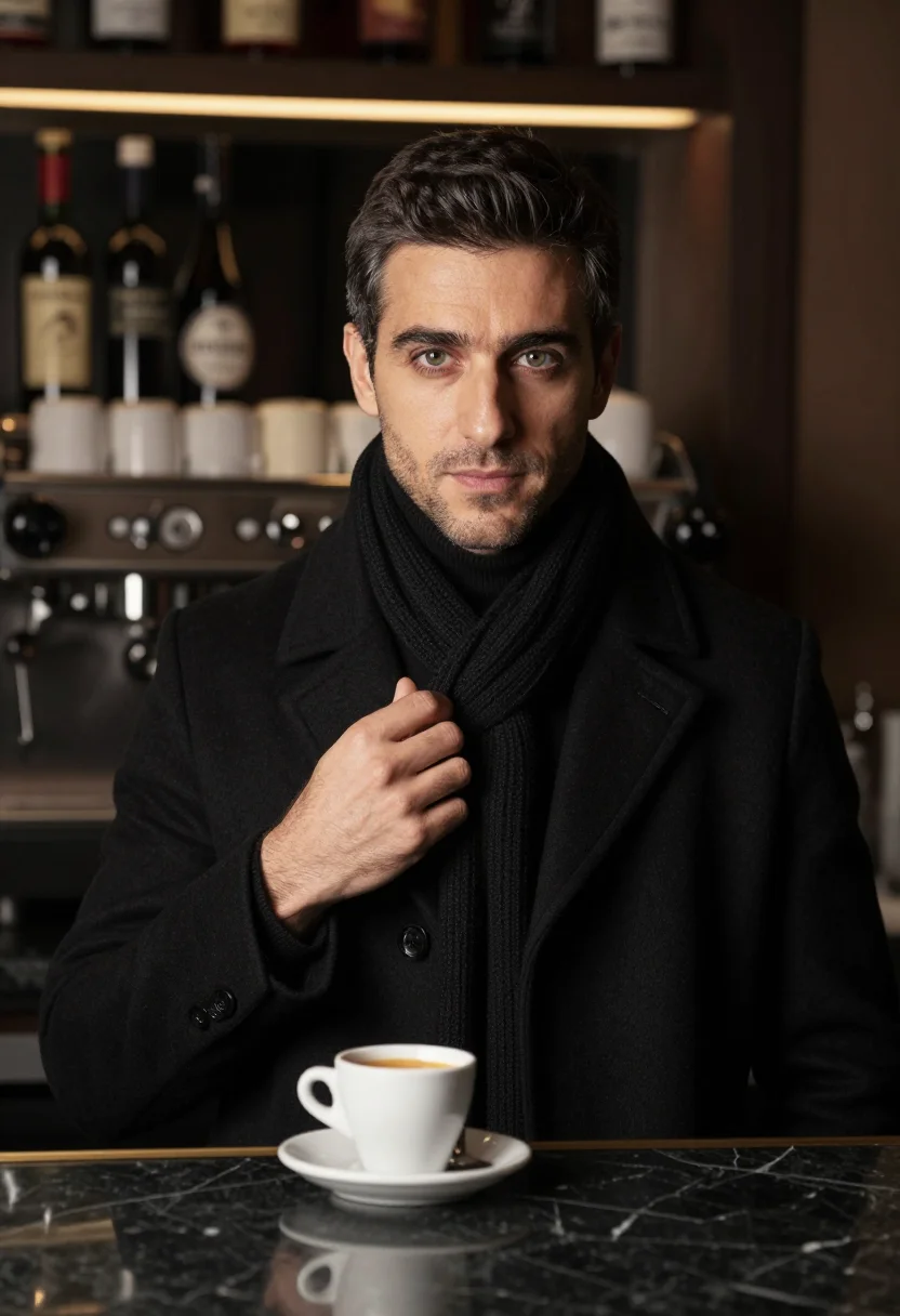 AI espresso bar black sample — portrait of a man, head-and-shoulders portrait of a Milanese