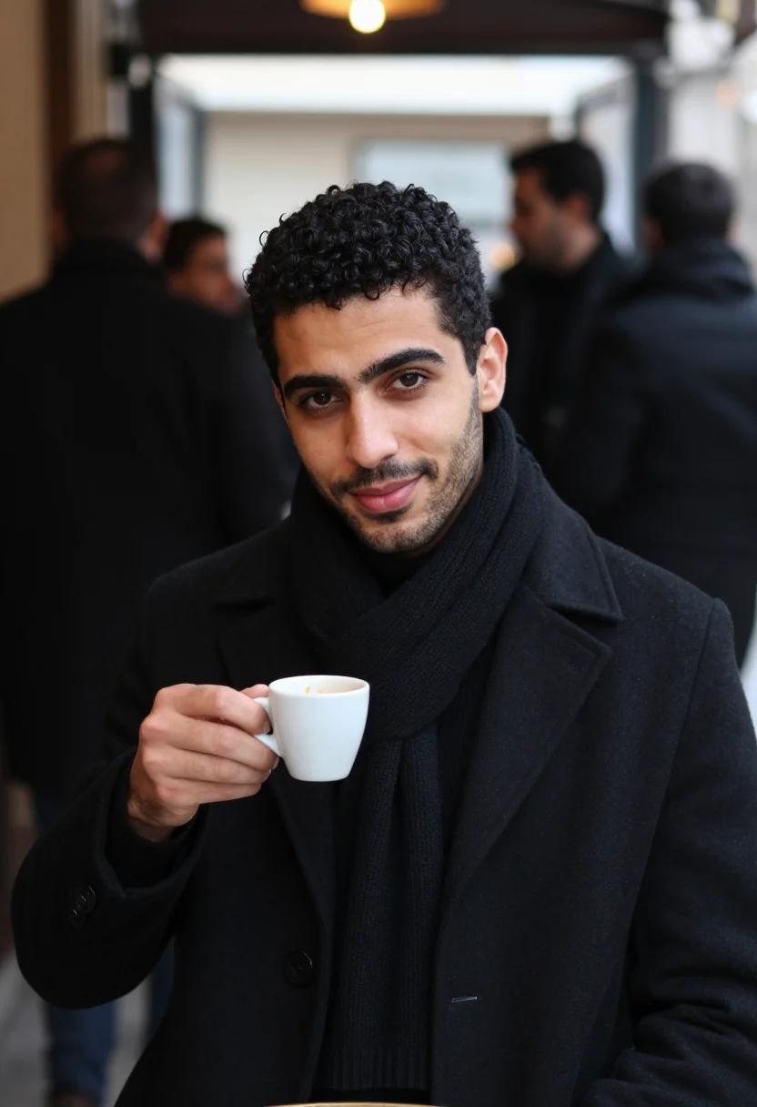 AI espresso bar black sample — portrait of a man, chest-up portrait of a Tunisian-Italian m