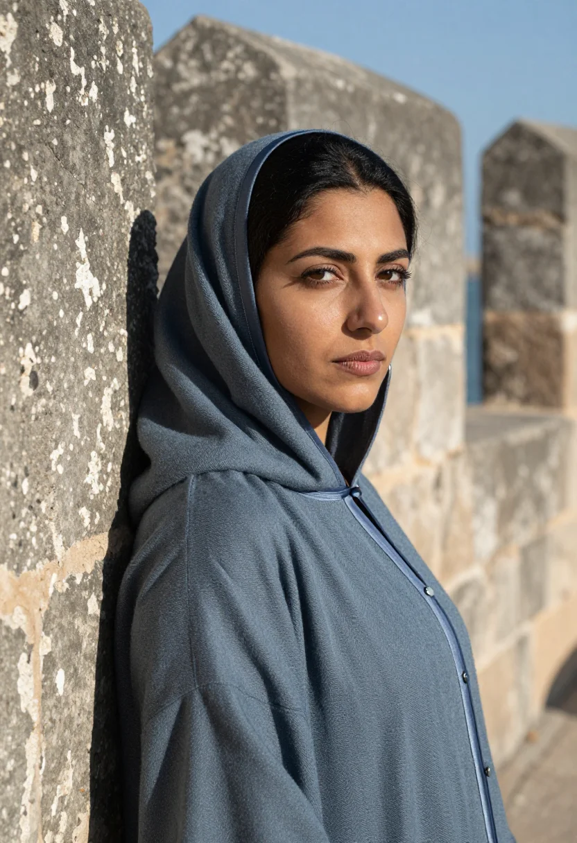 AI essaouira ramparts november blue grey sample — portrait of a woman, tight head-and-shoulders portrait of a