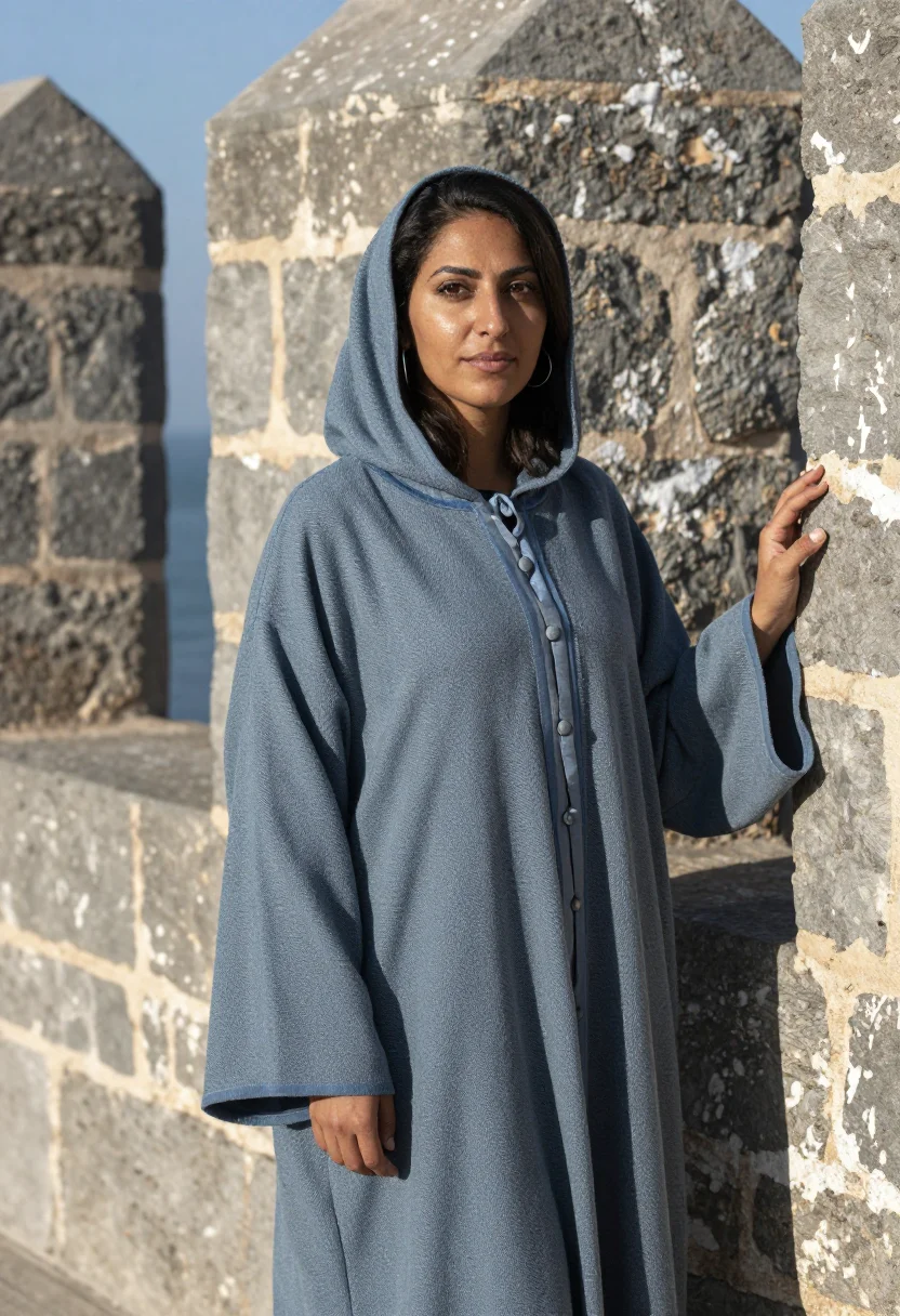 AI essaouira ramparts november blue grey sample — portrait of a woman, half-length portrait of a Moroccan woma