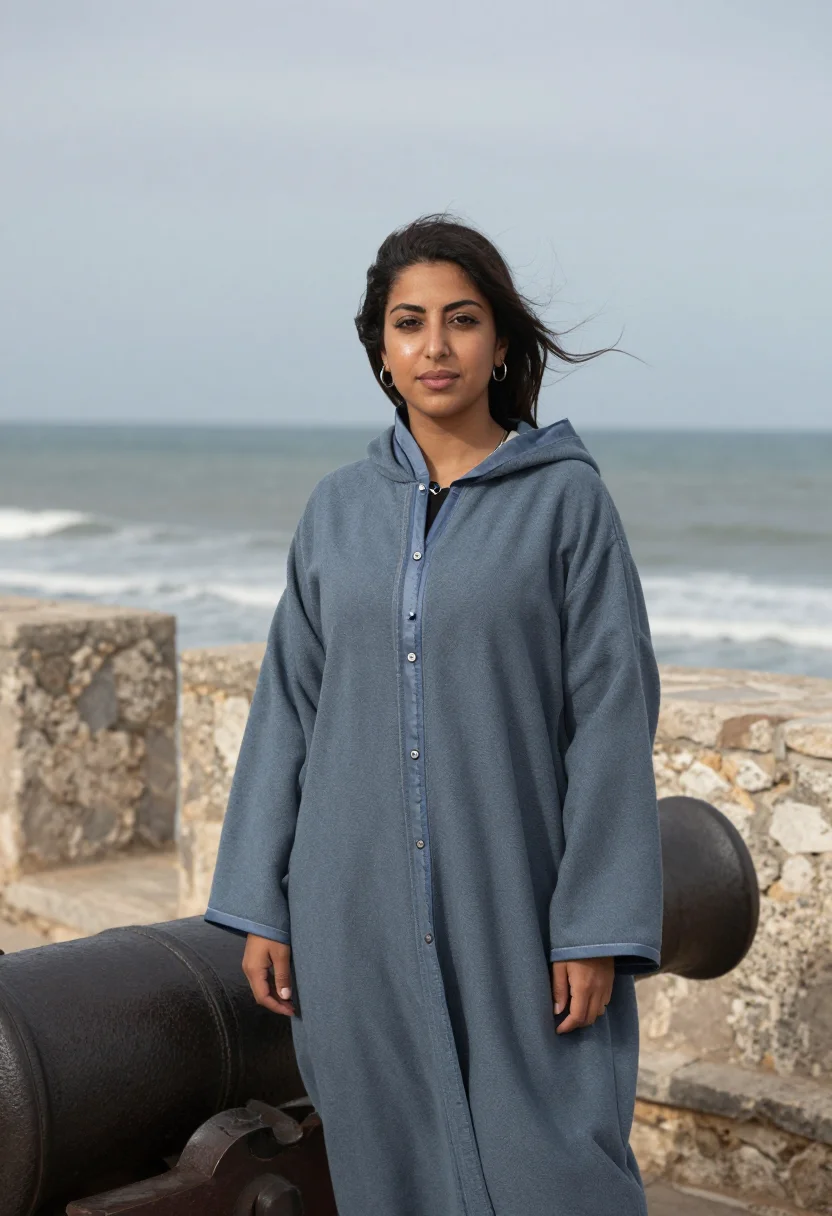 AI essaouira ramparts november blue grey sample — portrait of a woman, three-quarter-length portrait of a Moro
