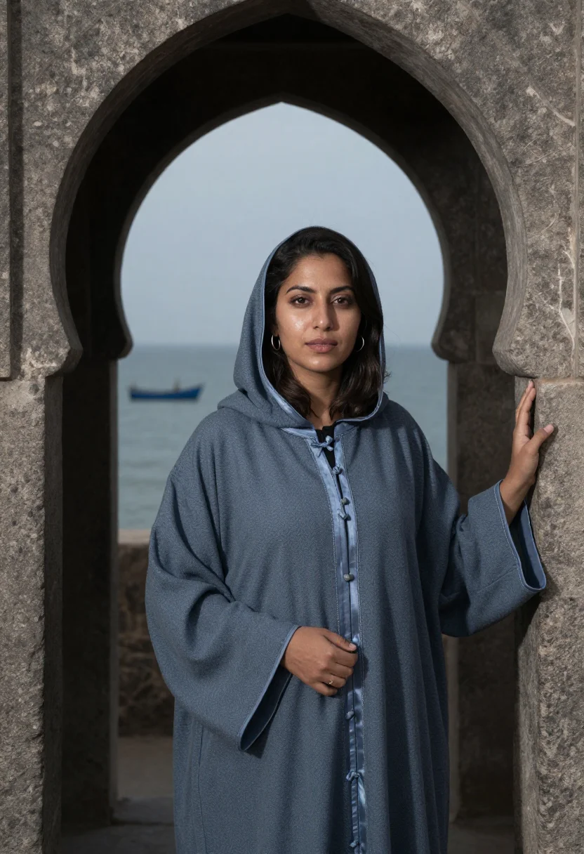 AI essaouira ramparts november blue grey sample — portrait of a woman, half-length portrait of a Moroccan woma