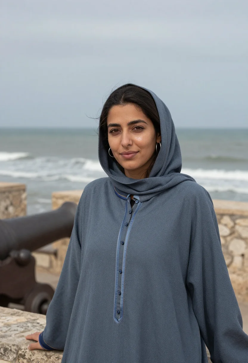 AI essaouira ramparts november blue grey sample — portrait of a woman, chest-up portrait of a Moroccan woman i