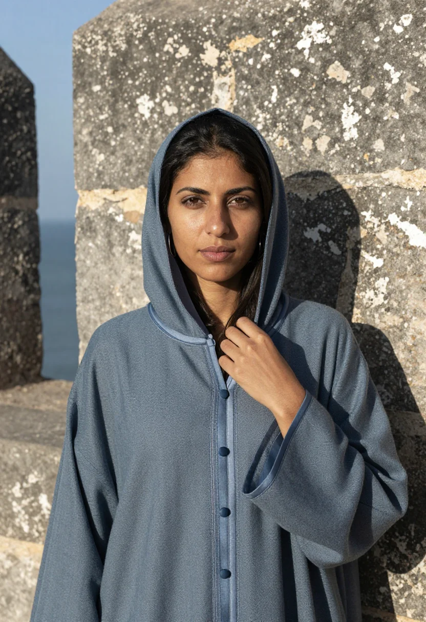 AI essaouira ramparts november blue grey sample — portrait of a woman, chest-up portrait of a Moroccan woman i