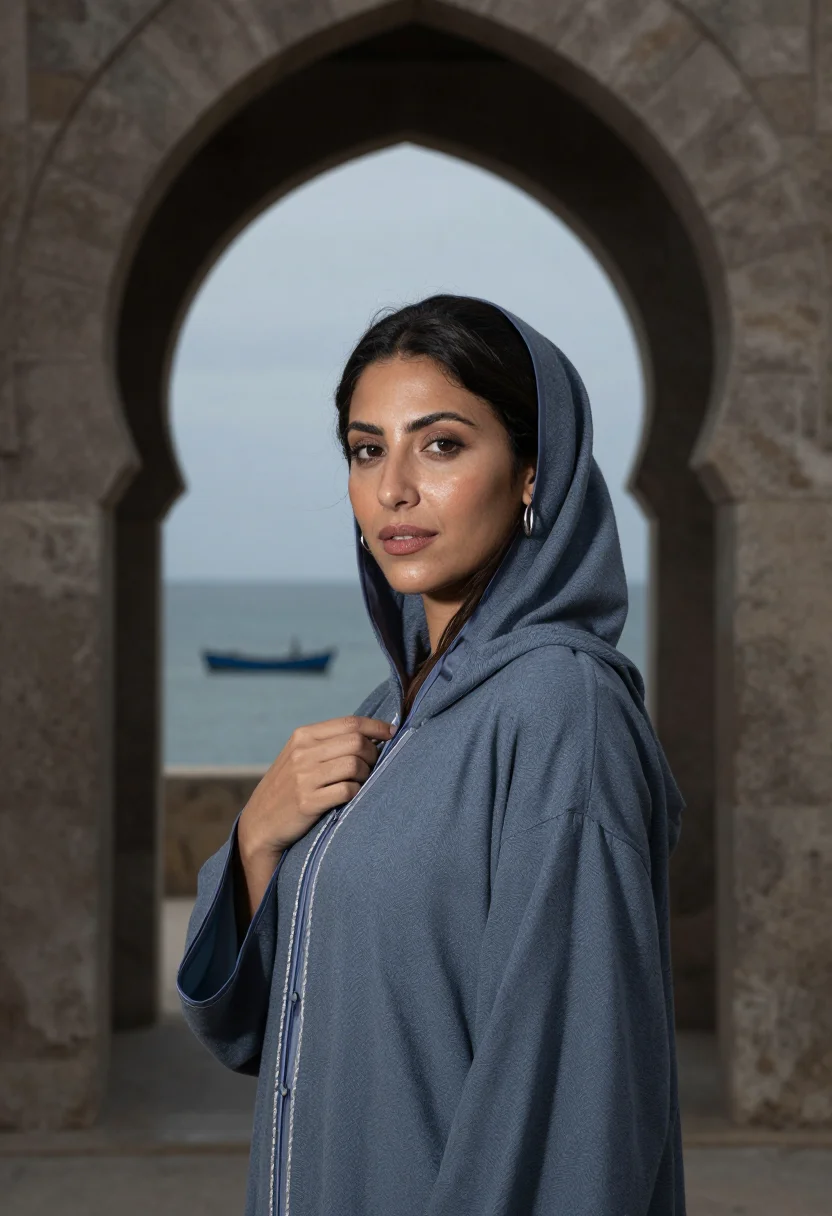 AI essaouira ramparts november blue grey sample — portrait of a woman, chest-up portrait of a Moroccan woman i