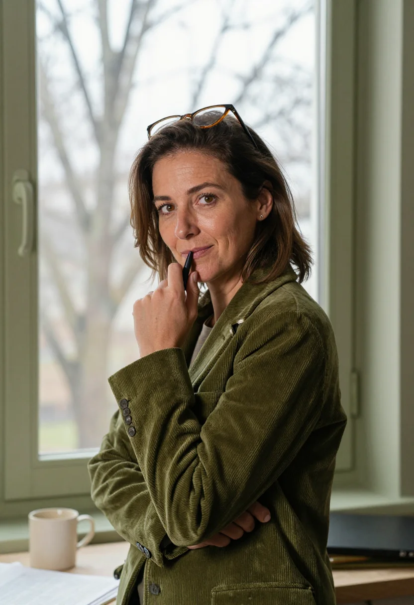AI essayist olive cord sample — portrait of a woman, framed chest-up from the ribs, the body