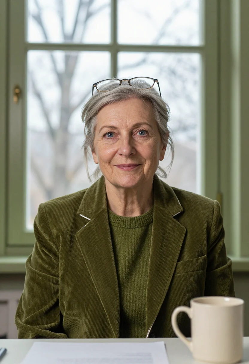 AI essayist olive cord sample — portrait of a woman, framed tight on the head and the top of