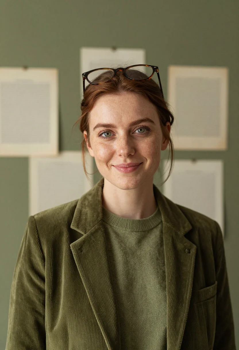 AI essayist olive cord sample — portrait of a woman, framed tight on the head and the top of
