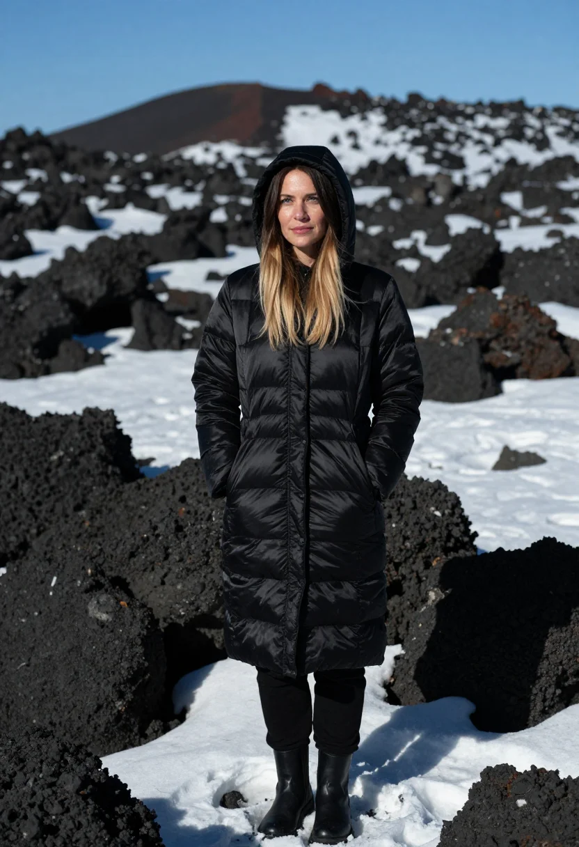 AI etna snow lava black sample — portrait of a woman, framed chest-up with the crop at the ri