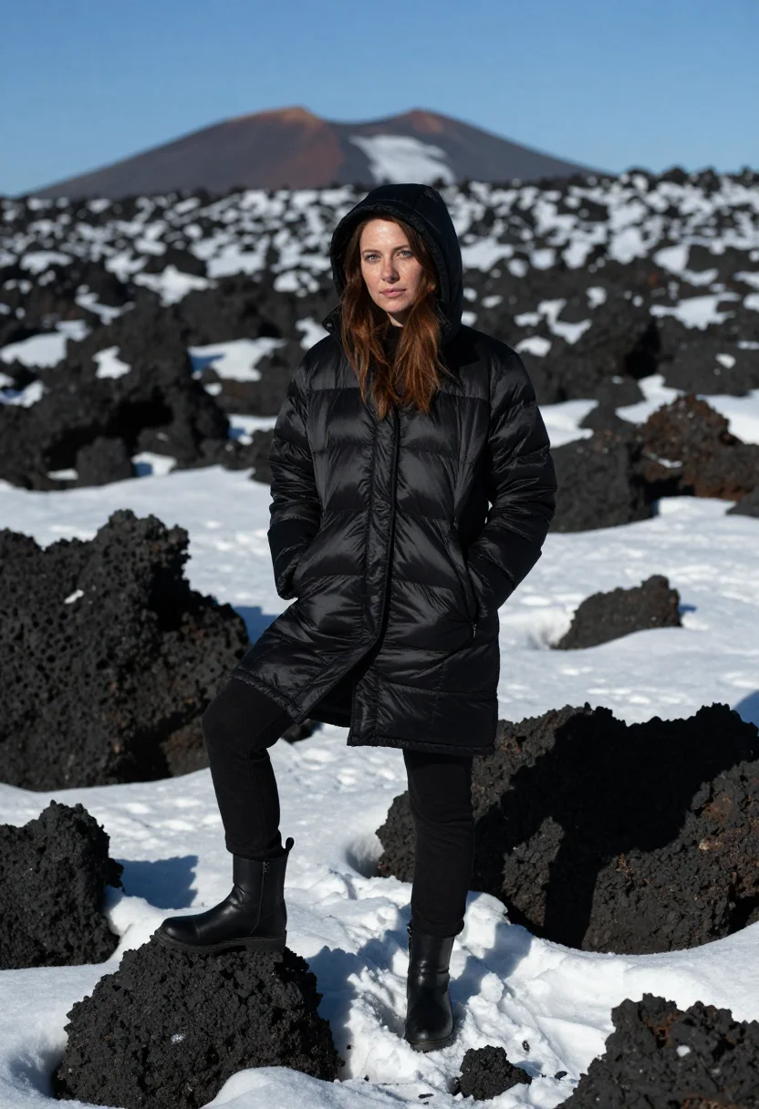 AI etna snow lava black sample — portrait of a woman, framed full-length from the crown to th