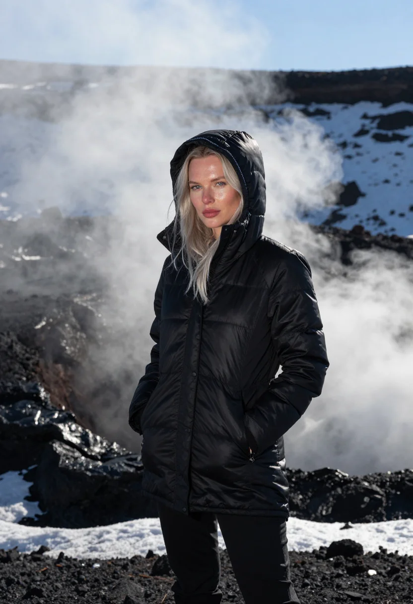 AI etna snow lava black sample — portrait of a woman, framed chest-up with the crop at the ri