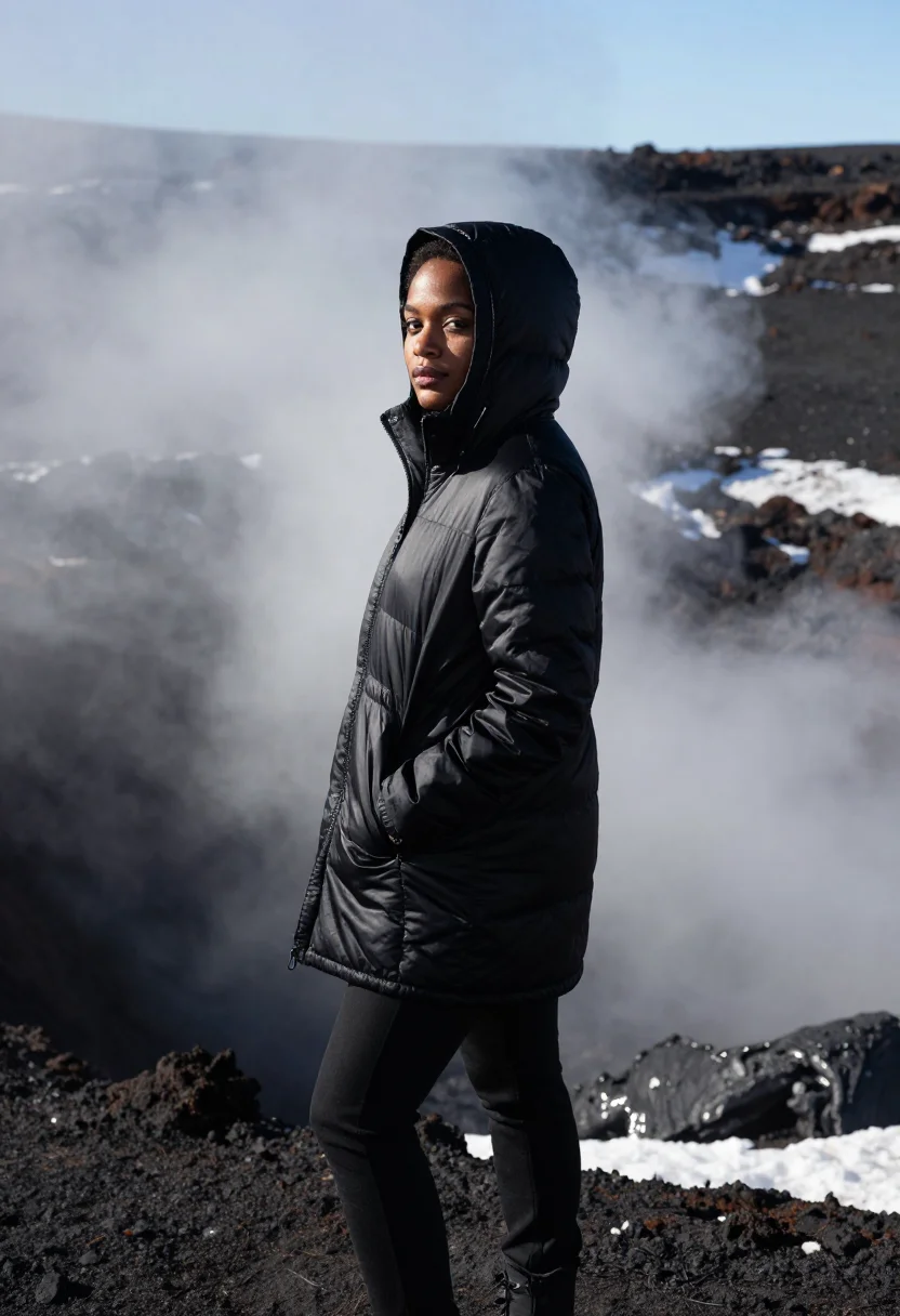 AI etna snow lava black sample — portrait of a woman, framed half-length from the crown to th