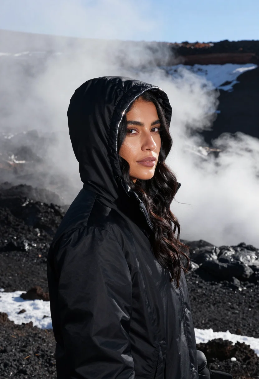 AI etna snow lava black sample — portrait of a woman, framed tight, head and shoulders, the b