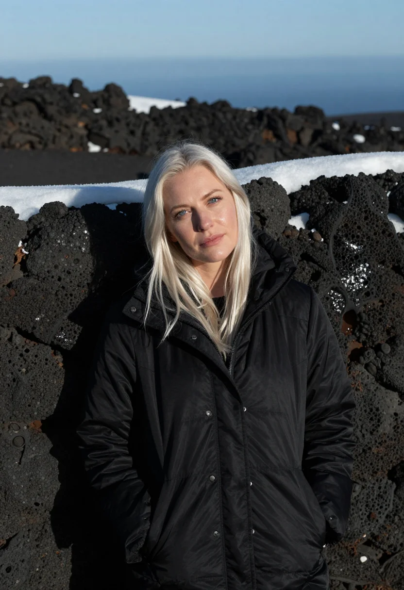 AI etna snow lava black sample — portrait of a woman, framed chest-up with the crop at the ri