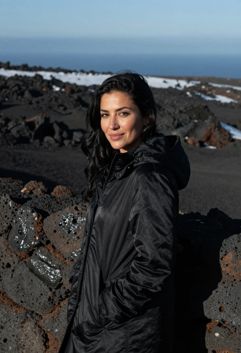 AI etna snow lava black sample — portrait of a woman, framed half-length from the crown to th