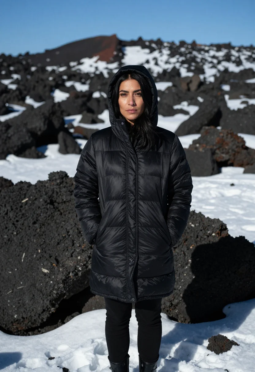 AI etna snow lava black sample — portrait of a woman, framed tight, head and shoulders, the b