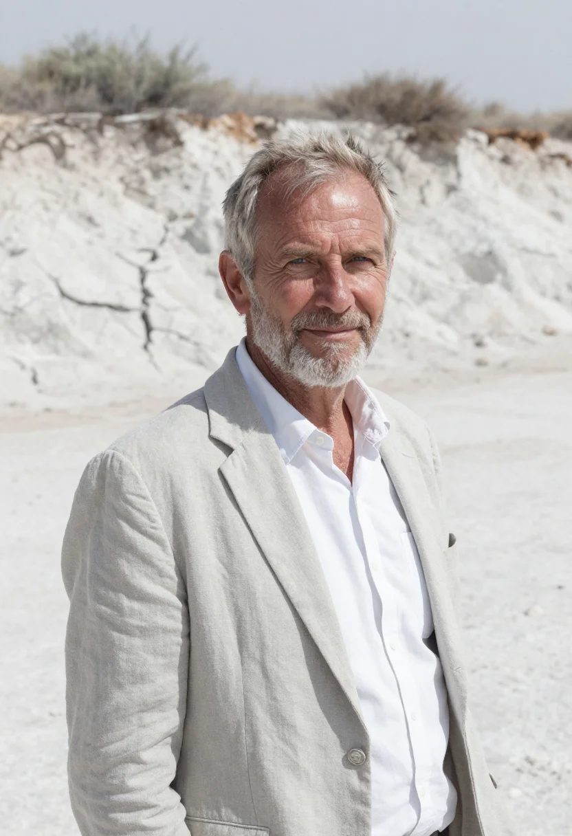 AI etosha wildlife biologist white pan grey sample — portrait of a man, a German-Namibian wildlife biologist in h