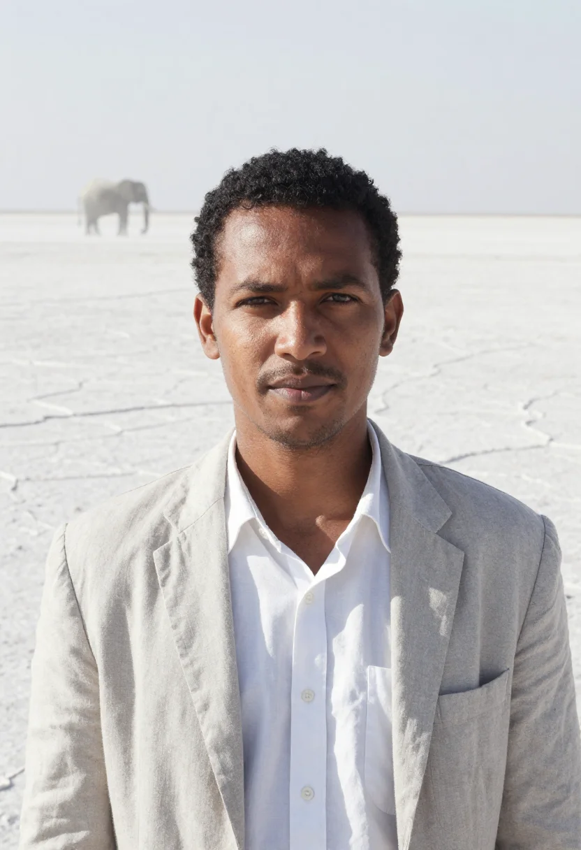 AI etosha wildlife biologist white pan grey sample — portrait of a man, a Nama wildlife biologist in his mid-thir