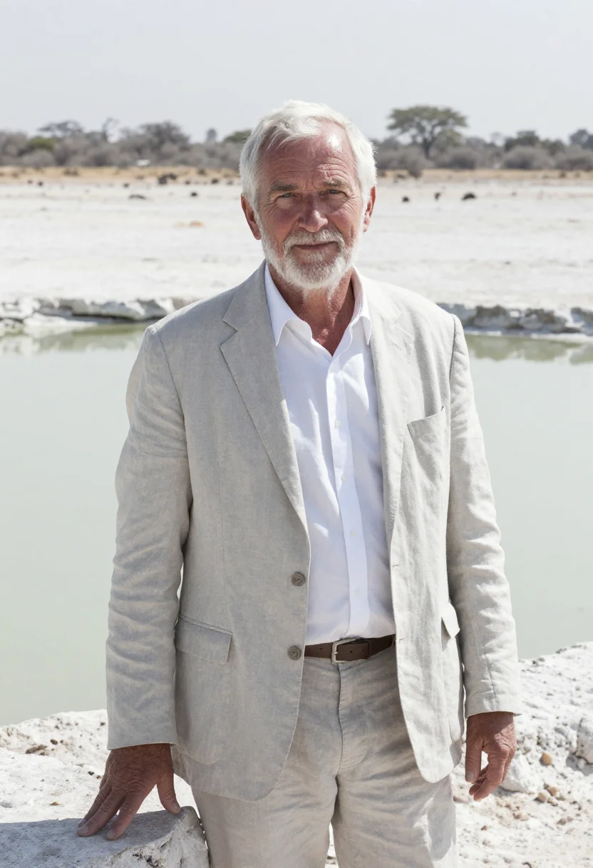 AI etosha wildlife biologist white pan grey sample — portrait of a man, an English wildlife biologist in his earl