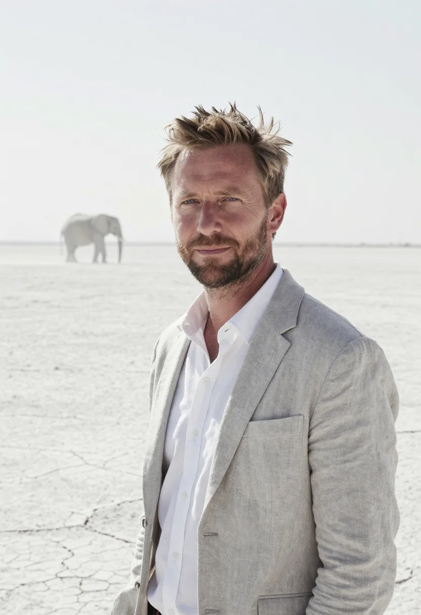 AI etosha wildlife biologist white pan grey sample — portrait of a man, a Dutch wildlife biologist in his early f