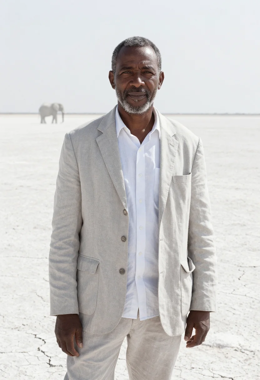 AI etosha wildlife biologist white pan grey sample — portrait of a man, a Kavango wildlife biologist in his early