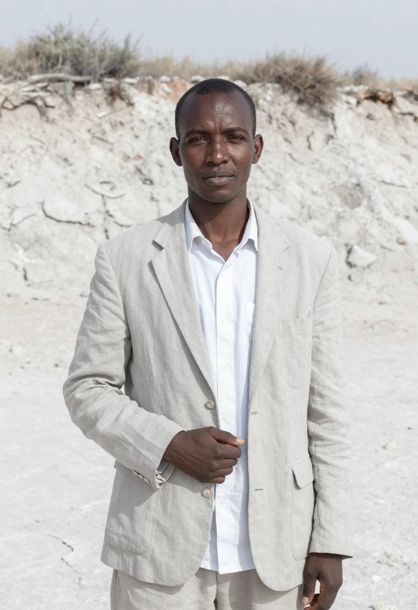 AI etosha wildlife biologist white pan grey sample — portrait of a man, a Herero wildlife biologist in his early