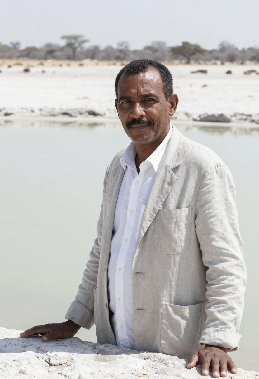 AI etosha wildlife biologist white pan grey sample — portrait of a man, a Damara wildlife biologist in his late t