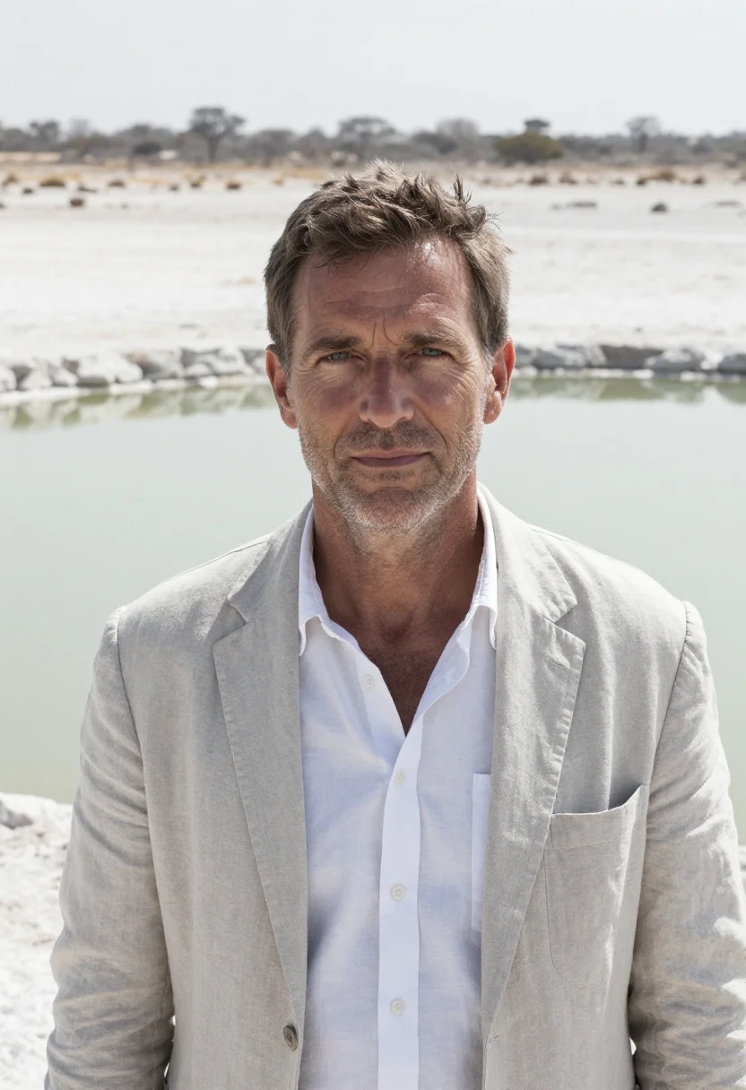 AI etosha wildlife biologist white pan grey sample — portrait of a man, an Afrikaner wildlife biologist in his la