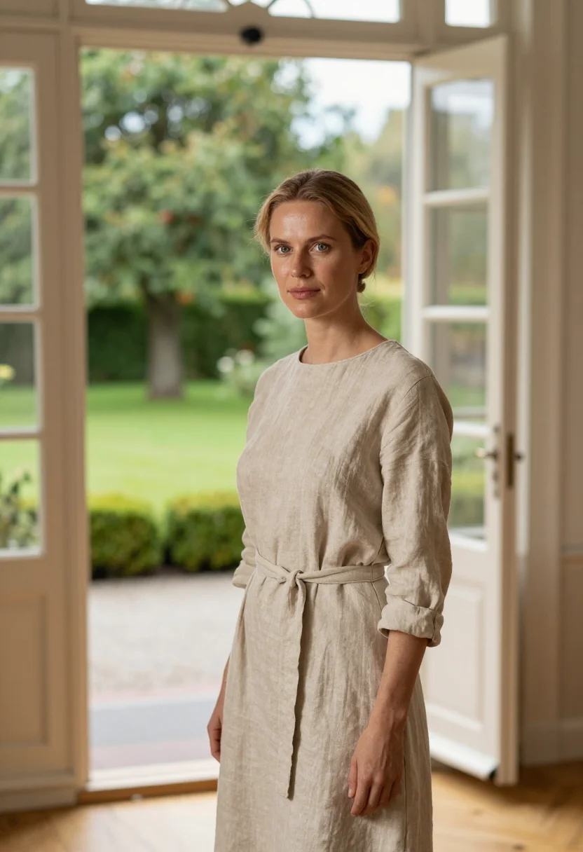 AI ett hem stockholm townhouse oak linen sample — portrait of a woman, a hotel guest in her thirties of German
