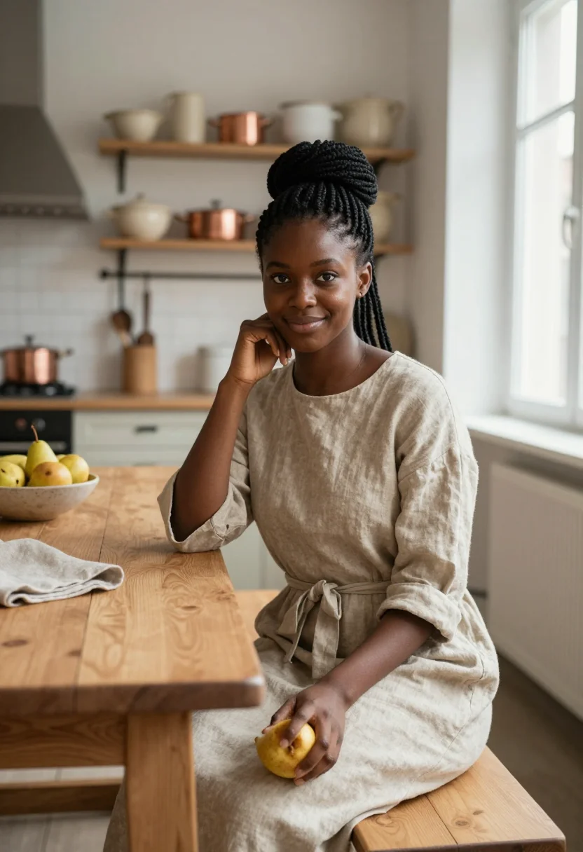 AI ett hem stockholm townhouse oak linen sample — portrait of a woman, a hotel guest in her twenties of Ghanai