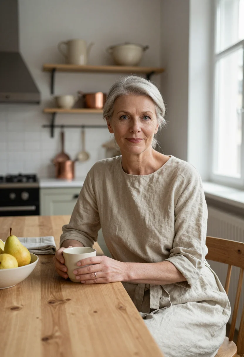 AI ett hem stockholm townhouse oak linen sample — portrait of a woman, a hotel guest in her fifties of Swedish