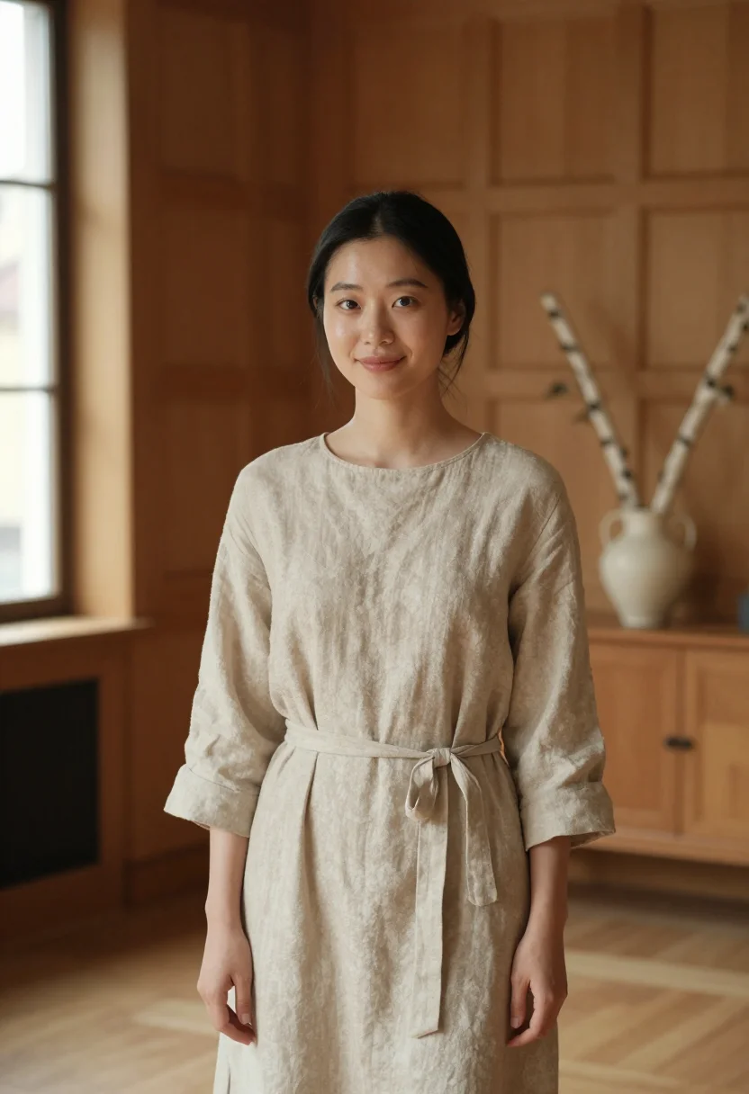 AI ett hem stockholm townhouse oak linen sample — portrait of a woman, a hotel guest in her twenties of Korean