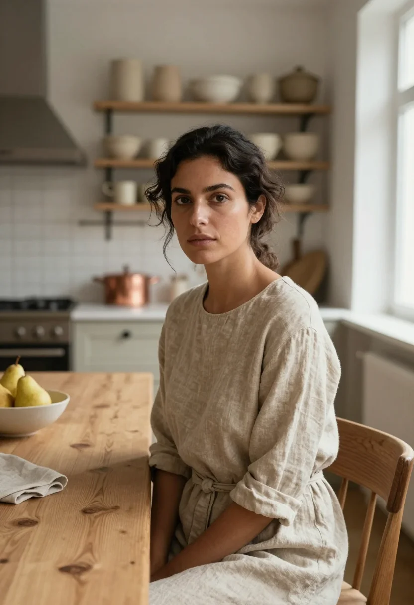 AI ett hem stockholm townhouse oak linen sample — portrait of a woman, a hotel guest in her thirties of Spanis