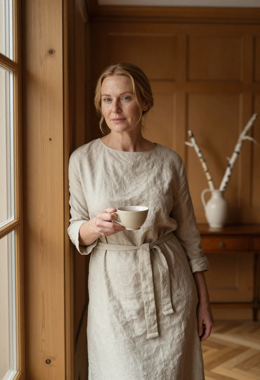 AI ett hem stockholm townhouse oak linen sample — portrait of a woman, a hotel guest in her forties of Dutch d