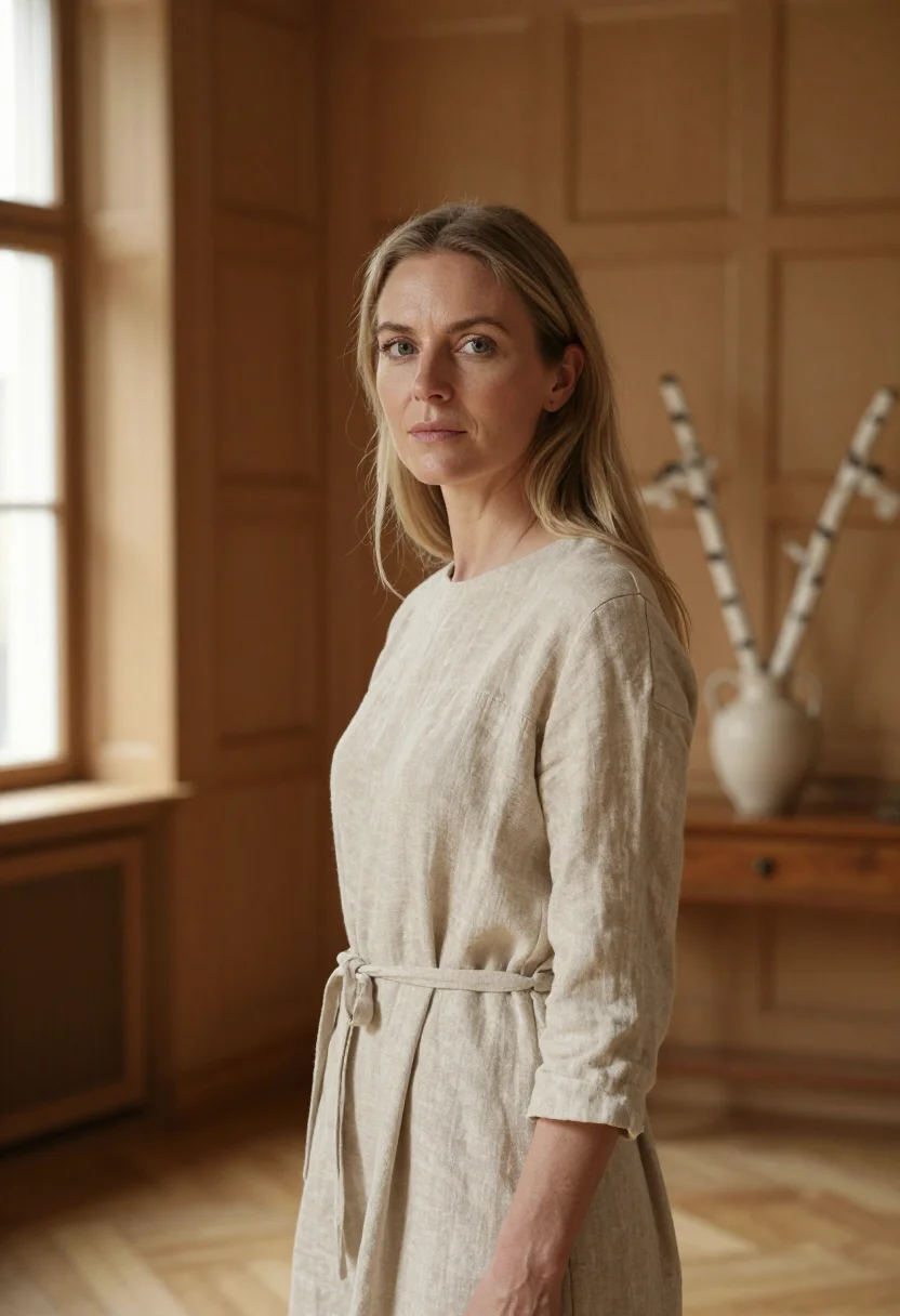 AI ett hem stockholm townhouse oak linen sample — portrait of a woman, a hotel guest in her thirties of Swedis