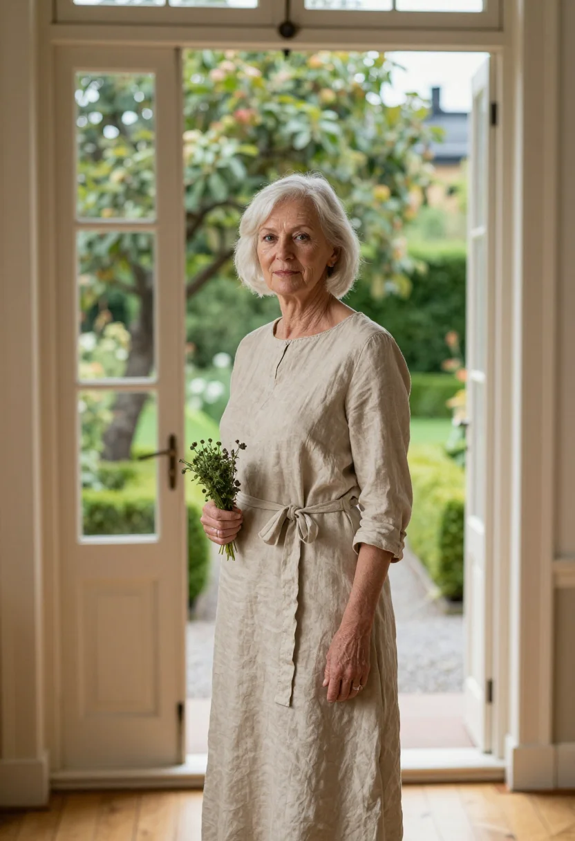 AI ett hem stockholm townhouse oak linen sample — portrait of a woman, a hotel guest in her sixties of English