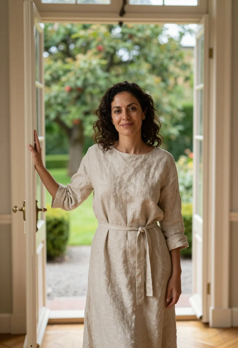 AI ett hem stockholm townhouse oak linen sample — portrait of a woman, a hotel guest in her forties of Morocca