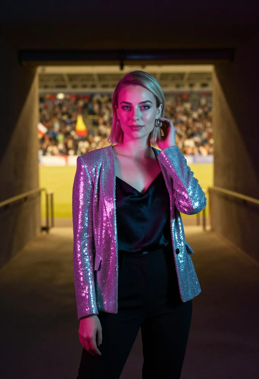 AI eurovision final night sequins palette sample — portrait of a woman, framed chest-up, the crop falling at mi